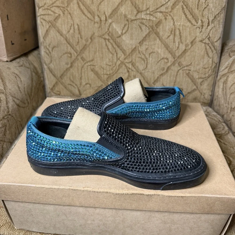 Gucci 368512 Crystal Satin Slip-On Sneakers Black Teal Men's US 7 UK 6 G Fit